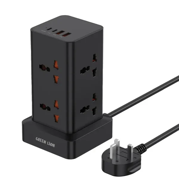 چندراهی برق عمودی گرین لاین 2500 وات با 8 پریز و 4 پورت مدل Green Lion Power Tower Multi-Port Power Strip  (GNPWS2500W)