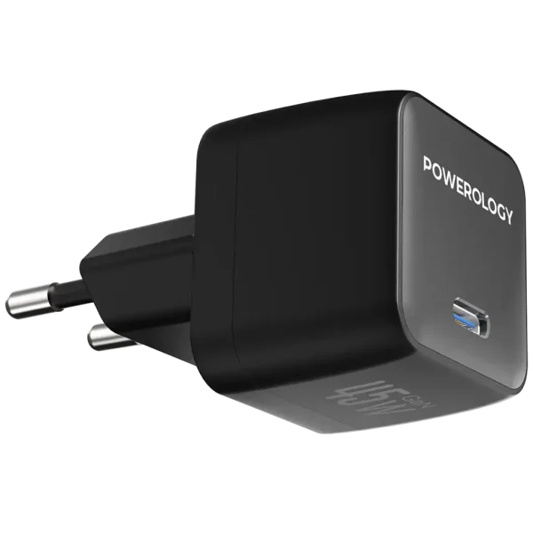 شارژر 45 واتی با کابل دو سر تایپ سی مدل QX پاورولوژی(PWCUQC056BKC)Powerology QX 45W Pocket-Sized GaN Adapter with Type-C Cable