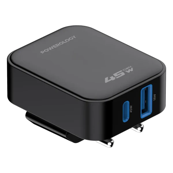 شارژر تاشو 45 وات 2 پورت مدل Crab پاورولوژی(PWCUQC066BK)Powerology Crab Foldable EU GaN Charger - Black