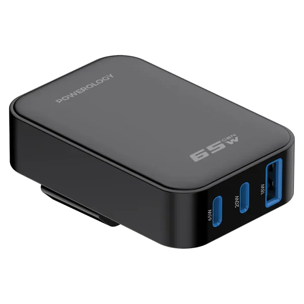 شارژر تاشو 65 وات 3 پورت مدل Crab پاورولوژی(PWCUQC068BK)Powerology Crab Foldable EU GaN Charger - Black