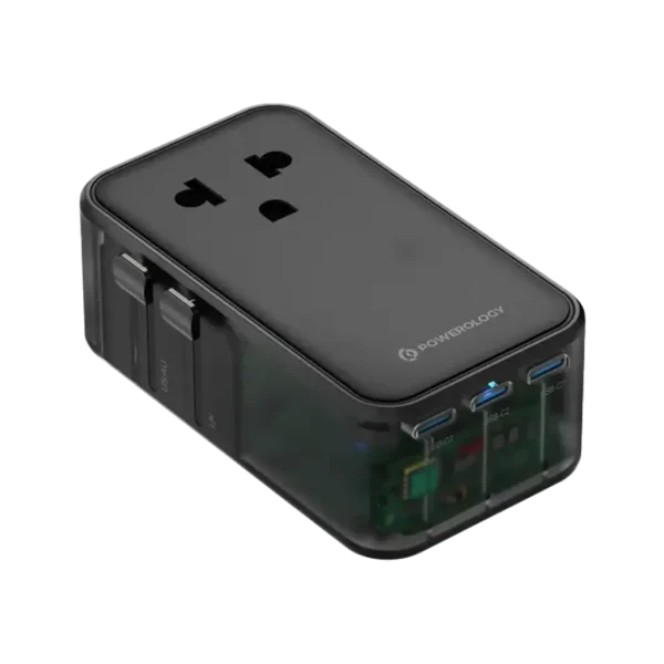 شارژر مسافرتی چندکاره فوق باریک پاورولوژی(PWCUQC072BK)Powerology Marco Polo Ultra-Slim GaN III Travel Adapter - Black